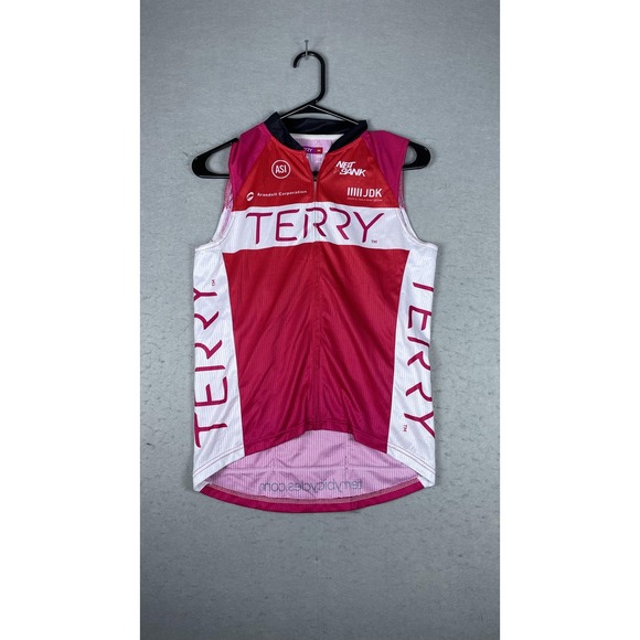 Terry Cycling Jersey Womens Medium Pink White Sleeveless Full Zip 3 Pockets Pro - Picture 1 of 11